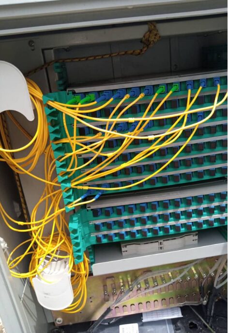Interior of an optical distribution cabinet showing patch cassettes, blue adapters and yellow jumper cables